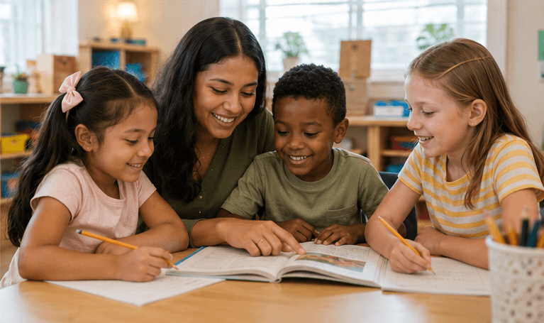 A small group of children in a tutoring session with their tutor