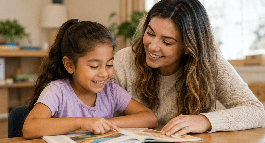 A tutor reading a picture book with a happy child